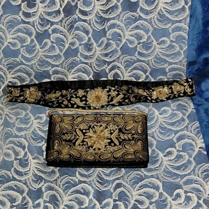 VTG Made In India black velvet silver embroidered evening bag clutch + belt - Picture 1 of 12