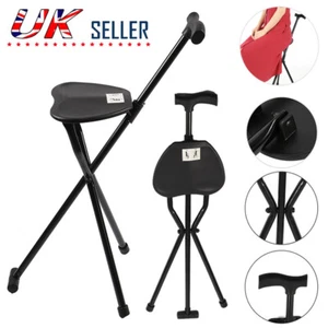 Foldable Crutch with Seat 3 Legs Handle Cane Walking Stick Unisex For Elderly - Picture 1 of 8