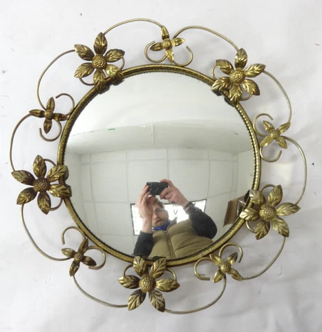 Vintage Antique Brass Rimmed Floral Decorated Mirror Cover