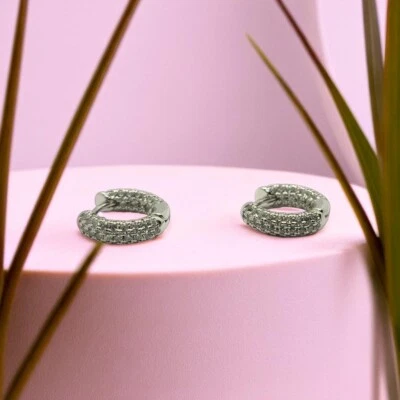 Elegant Stainless Steel Micro Pave Earrings, Round Cut Moissanite Hoop Design. - Image 1 of 4