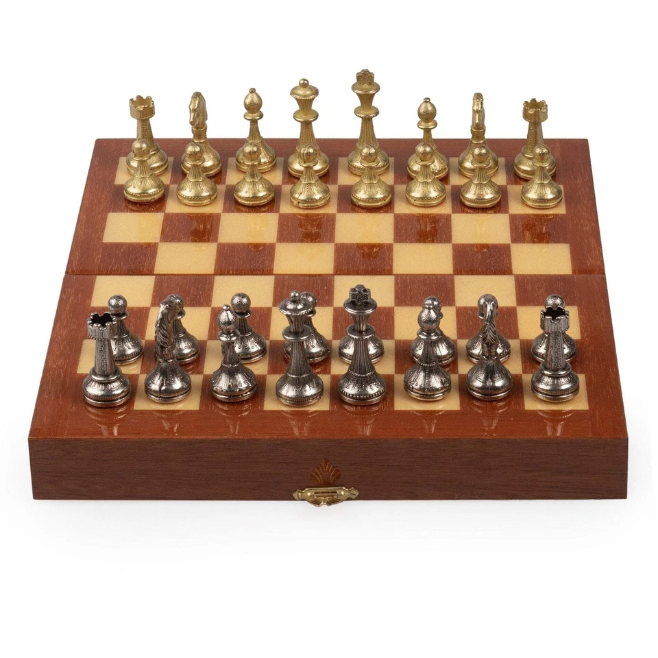 Italfama Metal Chess Set Rosewood 24cm Board Gold & Silver Pieces Italy