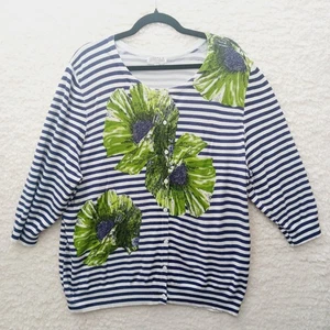 Joseph A Cardigan 2X Blue White Stripe Lime Poppy Floral Whimsycore Nautical Art - Picture 1 of 8
