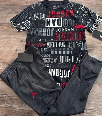 NWT Nike Air Jordan Boys YLG Black/Gray/Red/White Print Jogger Set Large - Image 1 of 4