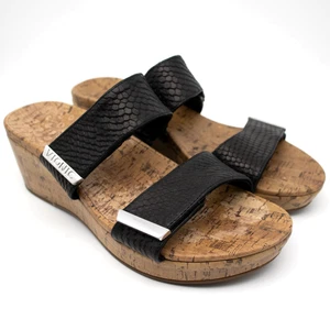 Vionic Pepper Black Leather Cork Comfort Shoes Wedge Sandals Womens SIZE 9 - Picture 1 of 7