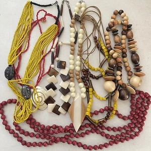 7 pc Vintage Boho Necklace Lot Seed Bead Wood Shell Bone 70s Hippie Wearable - Picture 1 of 5