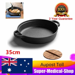 35cm Black Round Cast Iron Deep Baking Pizza Frying Pan Skillet with Wooden Lid - Picture 1 of 8