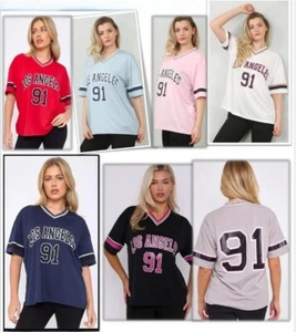 Damen Oversize 91 Los Angeles Varsity Football Trikot T-Shirt Sport Top - Bild 1 von 10