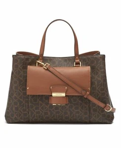 Calvin Klein Women's Delancy Signature Monogram Organizational Satchel Bag Brown - Picture 1 of 6