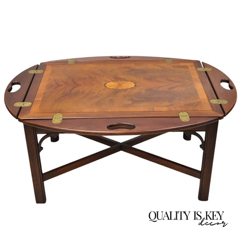 Vintage Hekman Butlers Tray Table Mahogany Coffee Table w/ Pinwheel Inlay Cover