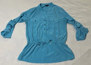 Alfani Women's Sky Blue Midi Dress Size 10 Button Tie Waistband Long Sleeve Good - Picture 1 of 7