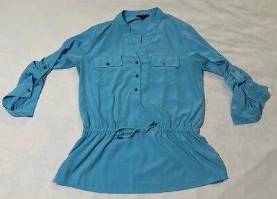 Alfani Women's Sky Blue Midi Dress Size 10 Button Tie Waistband Long Sleeve Good - Image 1 of 4