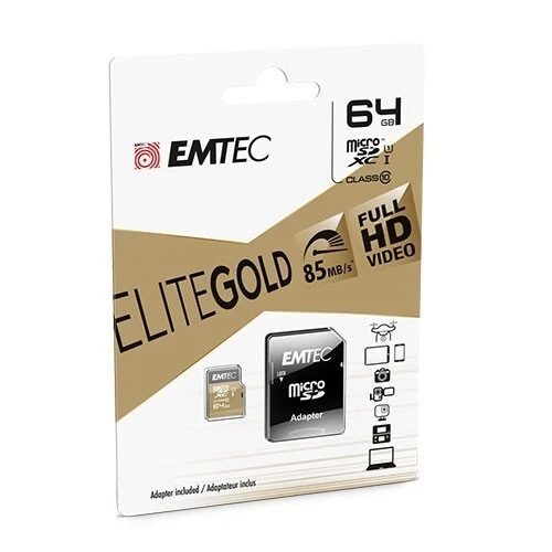 Emtec Elite Gold SDHC 64GB Class 10 Micro Memory Card & Adapt 85MB Full HD Video - Image 1 of 1