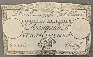 FRENCH REVOLUTION 1792 PRINTED 25 Sols Note - Picture 1 of 1