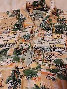 Reynolds-Penland Mens Hawaiian Button Up Shirt Med Rayon Buildings Architecture - Picture 1 of 11