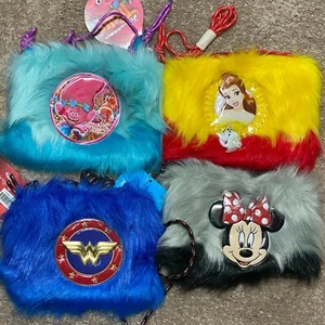 Disney Girls Handbag 7x 5" Faux Fur Wallet Purse Kids Minnie Marvel Bell Trolls - Picture 1 of 5