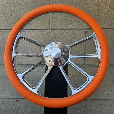 Volante Billet 14" 4 radios con media envoltura de vinilo naranja y bocina lisa Foto 1 de 4