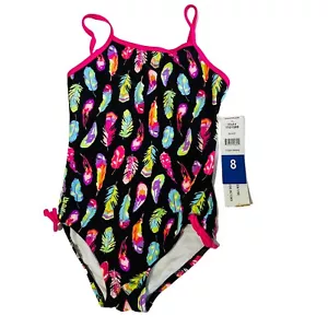 Girls Size 8 One Piece Swimsuit Rainbow Feathers- Adjustable Straps - Picture 1 of 7