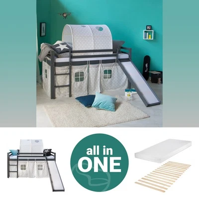 Lit superposé d'enfant 90x200 avec toboggan matelas mezzanine gris Homestyle4u - Photo 1/4