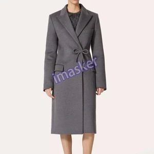 Winter New Fashion Slimming Fit Bow Long Woolen Cashmere Coat Grey Wool Jackets - Picture 1 of 17