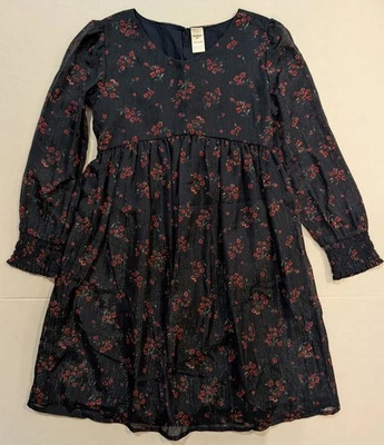 Osh Kosh Girls Holiday Dress Navy Blue W/ Red Flowers Long Sleeves Size 10 - Image 1 of 4