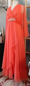 Vintage Chiffon Maxi Gown Ruffle Beaded Sheer Sleeve Lined Angel Peach Sz M Rare - Picture 1 of 20