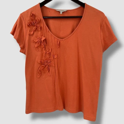 JOHN ROCHA Womens UK 16 Orange Floral Embellished V-Neck Short Sleeve Top - Image 1 of 4