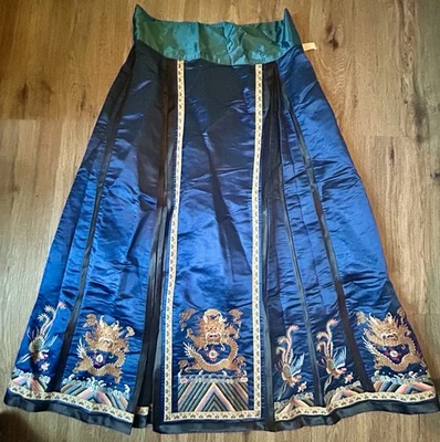 Antique Chinese Hanfu-Horse Blue Silk Embroidered Dragon Floral Skirt - Image 1 of 4
