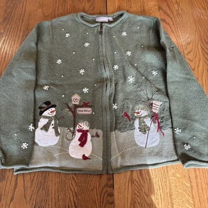 Croft & Barrow Vintage grün Schneemann Reißverschluss bestickt Urlaub Strickjacke L - Bild 1 von 9