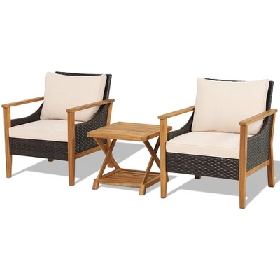 Patio 3PCS Wicker Furniture Set Cushioned Armchairs W/2-Tier Side Table Balcony - Image 1 of 4