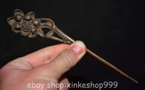 6.4" Old Chinese Purple Bronze Dynasty Palace Chrysanthemum Flower Hairpin - Picture 1 of 7