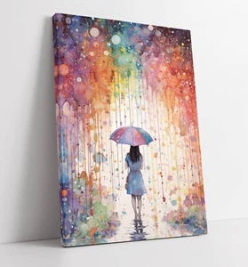 UMBRELLA GIRL WATERCOLOUR RAINBOW SPLASHES -FRAMED CANVAS WALL ART PICTURE PRINT - Picture 1 of 2