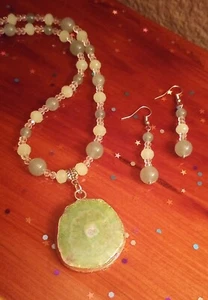 Grüner Aventurin Eis Jade Solar Quarz Druzy Anhänger Halskette Ohrringe - Bild 1 von 11