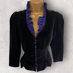 Anna Belinda Vintage Raro Negro Terciopelo Púrpura Seda Chaqueta Victoriana Reino Unido 10/12 - Imagen 1 de 4