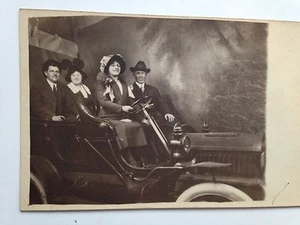 BOSTON MASS 2 HAPPY COUPLES POSED IN CAR Real Photo Postcard RPPC - Picture 1 of 2