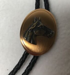 Horse Head medallion Copper Oval western Bolo Tie black leather cord brass tips
