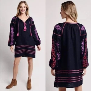 Roller Rabbit $265 XS Natalia Embroidered Tassel Dress Linen Navy Blue - Picture 1 of 9