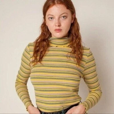 Blusa Rachel Antonoff amarilla a rayas manga larga ribete lechuga cuello alto Foto 1 de 4