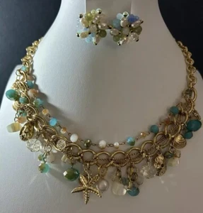 Multi Layered Charm Necklace 21” With Stud Earrings Vtg Beach Themed Nautical - Picture 1 of 15