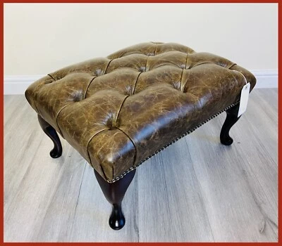 Chesterfield Queen Anne Buttoned Brown Genuine Leather Footstool - Image 1 of 4