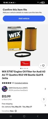 Масляный фильтр двигателя WIX 57187 для Audi A3 A4 TT Quattro RS3 VW Beetle Golf R Jetta - Изображение 1 из 2