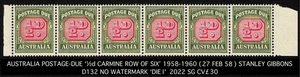 AUSTRALIA POSTAGE-DUE ROW-OF-SIX 1958-1960 ½d CARMINE NO WMK SG D132 DIE I CV£30 - Picture 1 of 5