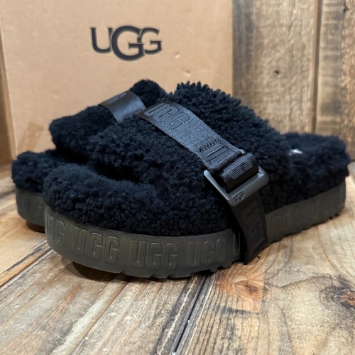 SANDALO UGG FLUFFITA PLATFORM SLIDE CINTURINO LANA RICCIO NERO DONNA US 8 EU 39