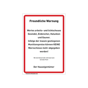 Achtung Warnung Scherz Schild Aufkleber Einbrecher Diebe Waffen Schuss Patronen - Bild 1 von 1