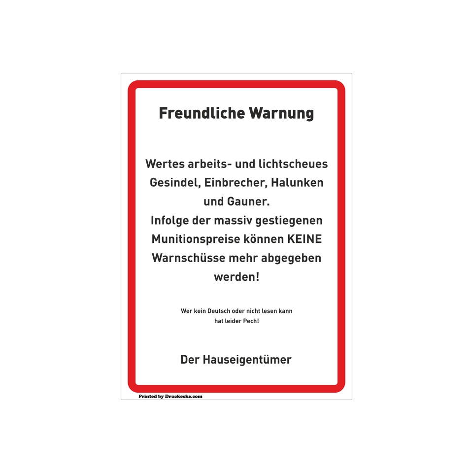 Achtung Warnung Scherz Schild Aufkleber Einbrecher Diebe Waffen Schuss Patronen - Bild 1 von 1