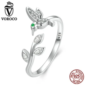 Anillo de apertura Voroco ajustable de plata de ley 925 colibrí circonita cúbica moda para mujer - Imagen 1 de 10