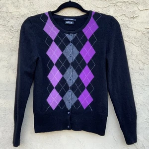 Apt 9 100% Cashmere Cardigan Sweater Sz S Argyle Black/Purple Academia Preppy - Picture 1 of 10