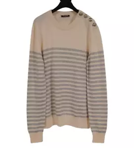 Balmain Glitter Stripped Sweater Large Cream Silver Wool Viscose Shoulder Button - Picture 1 of 8