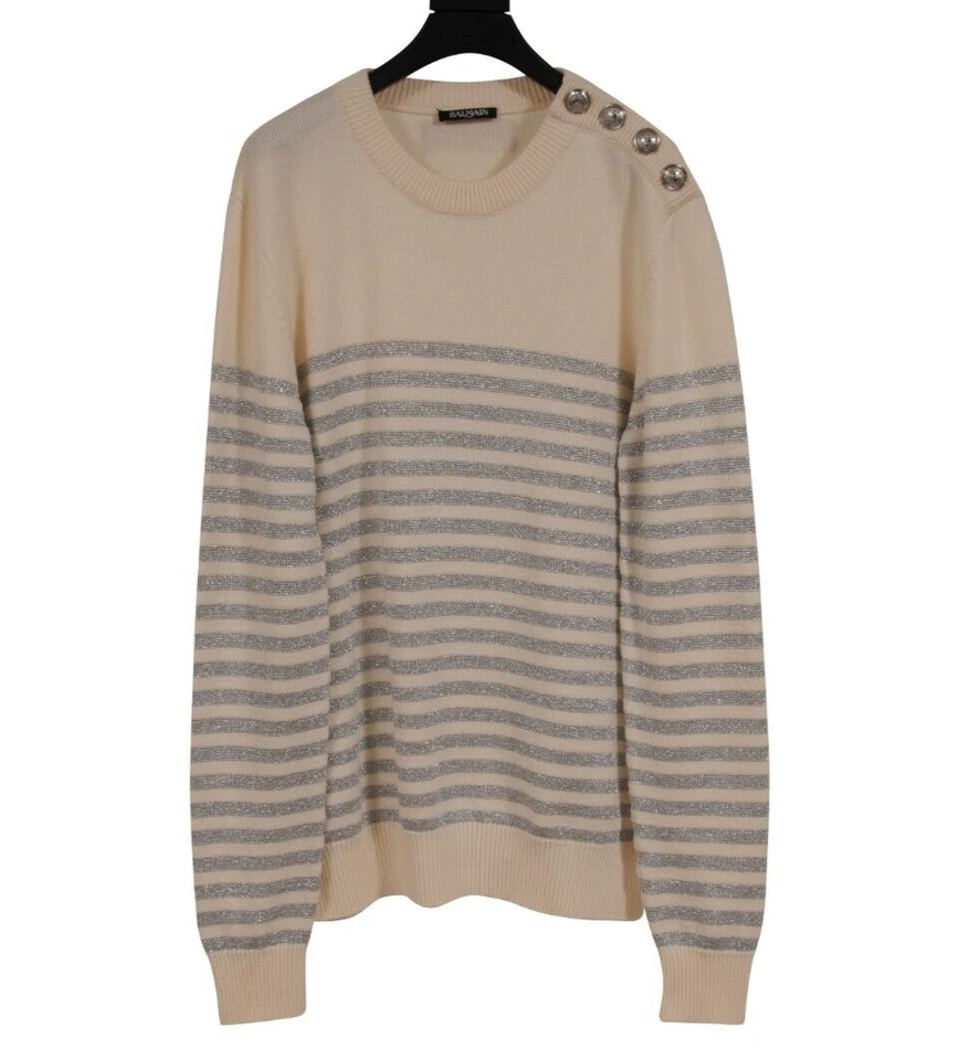 Balmain Glitter Stripped Sweater Large Cream Silver Wool Viscose Shoulder Button - Image 1 of 4