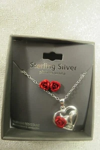 FINE JEWELRY HEART ROSE EARRINGS & NECKLACE STERLING SILVER - Picture 1 of 3
