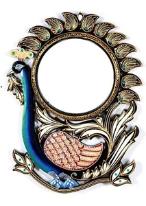Ethnic Indian Designer Peacock Unique Wooden 24" Vintage Frame With 10" Mirror - Picture 1 of 6